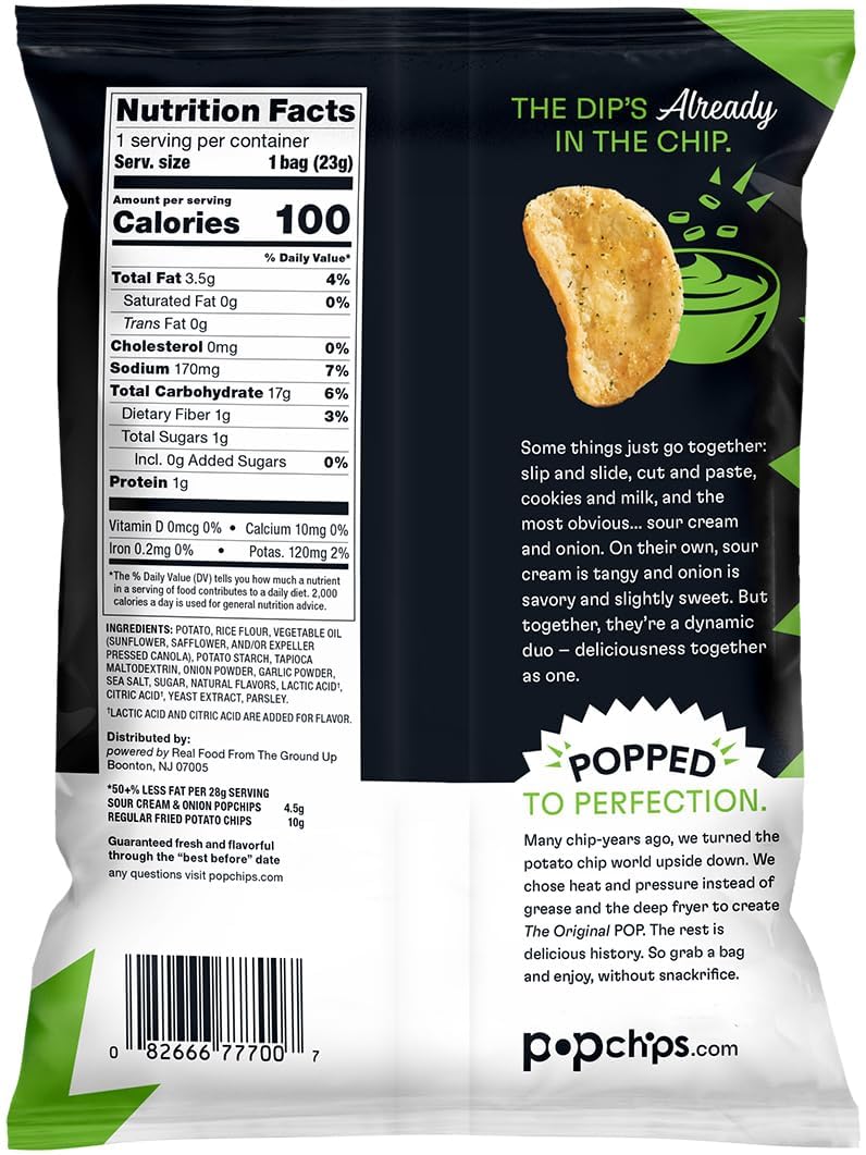 Popchips Potato Chips, Sour Cream & Onion, 24 ct Single Serve 0.8oz Bags, Low-Calorie and Gluten Free, Salty Snacks for Adults and Children, Kosher