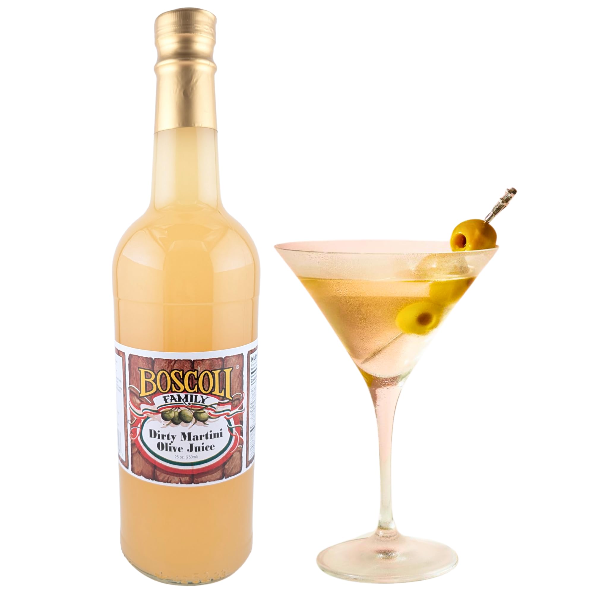 Boscoli Dirty Martini Olive Juice - 25 oz Bottle, Pack of 2, All Natural, Gluten-Free - Premium Cocktail Mixer for Martinis & Bloody Marys