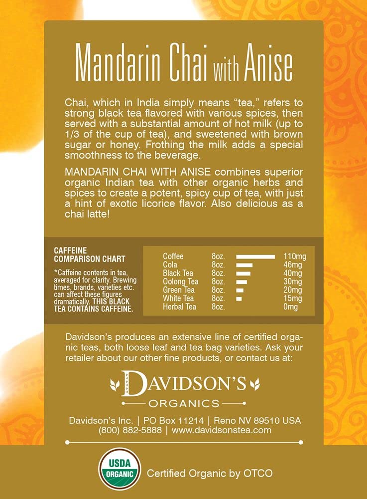 Davidson's Organics, Mandarin Chai w/Anise, 8-count Tea Bags, Pack of 12