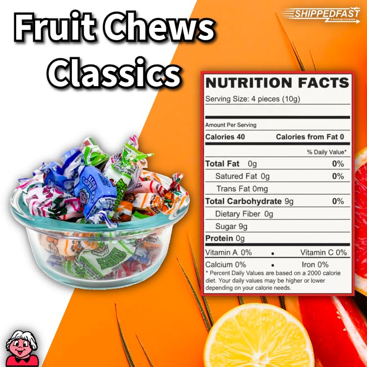 Soft Chewy Fruity Chews Candy - 1 Pound Bulk Bag - Individually Wrapped Assorted Fruit Candy - 6 Flavors: Peach, Strawberry, Cherry, Grape, Green