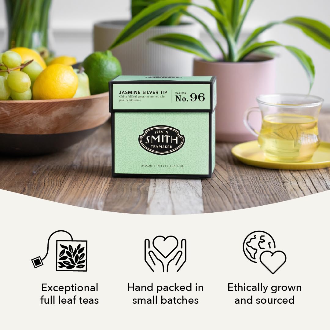 Smith Teamaker | Jasmine Silver Tip No. 96 | Caffeinated Green Tea with Jasmine Blossoms | Scented Full Leaf Green Tea (15 Sachets, 1.3oz each)