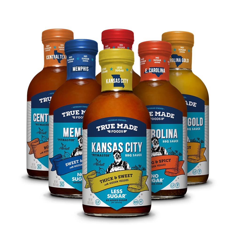 True Made Foods Ed Mitchell Genuine Pitmaster BBQ Sauce Variety Pack - 6 Flavor Collection for Grilling and Barbecue Recipes - Ideal for Meat