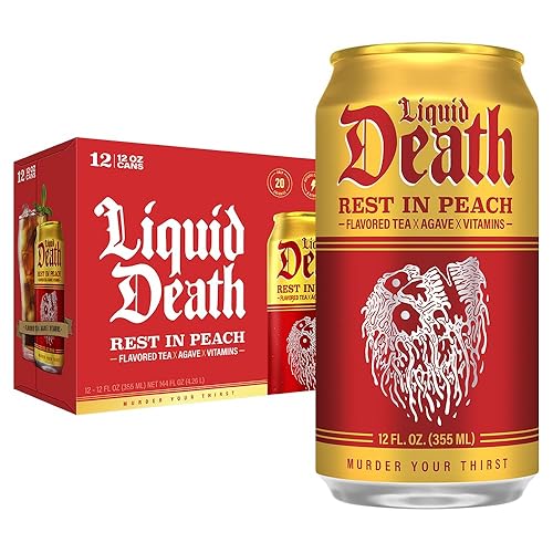 Liquid Death Iced Tea - Rest In Peach (Peach-Flavored Black Tea), Less Sugar*, Boost of Caffeine, B Vitamins, No Artificial Sweeteners, 12 Fl Oz (Pack