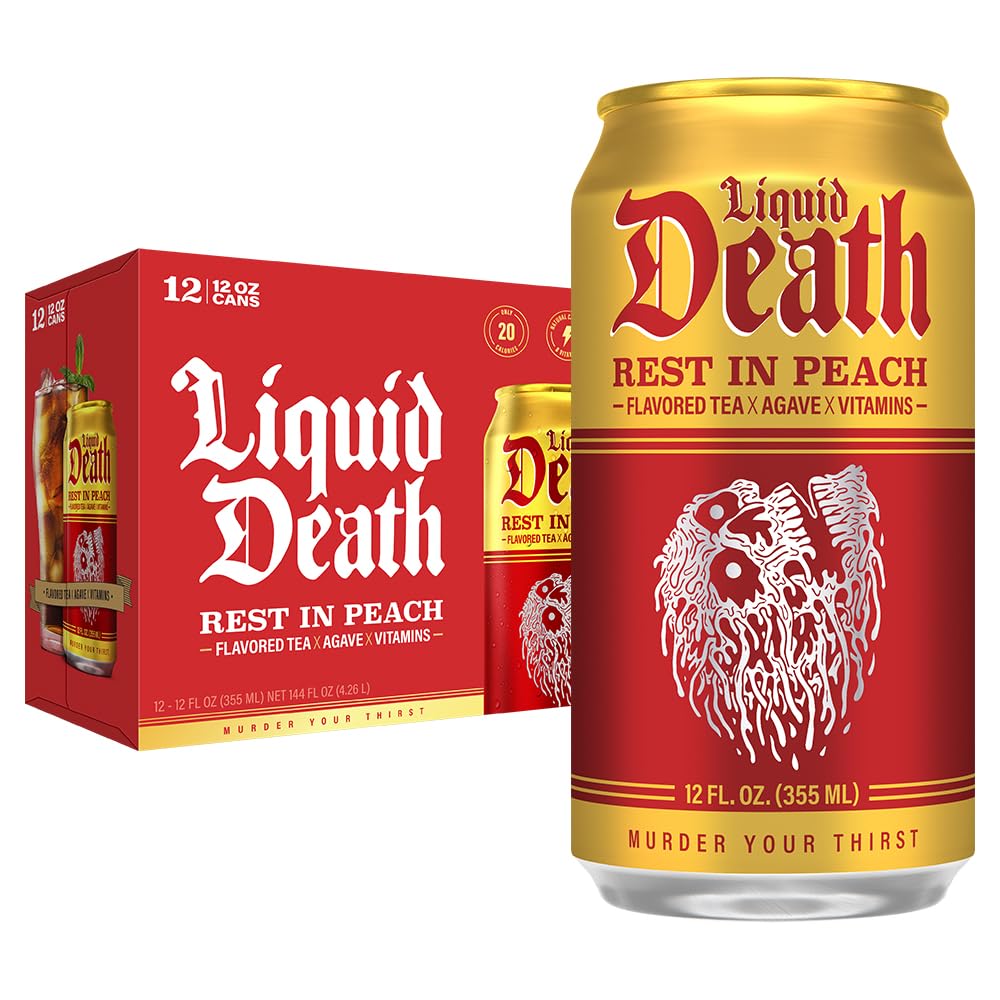 Liquid Death Iced Tea - Rest In Peach (Peach-Flavored Black Tea), Less Sugar*, Boost of Caffeine, B Vitamins, No Artificial Sweeteners, 12 Fl Oz (Pack