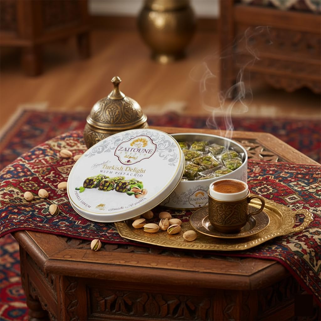 Zaitoune Pistachio Covered Turkish Delight - 0.55 lb | Lokum Stuffed with Nuts & Coated in Chopped Pistachios | Authentic Turkish Candy | Luxury Gift