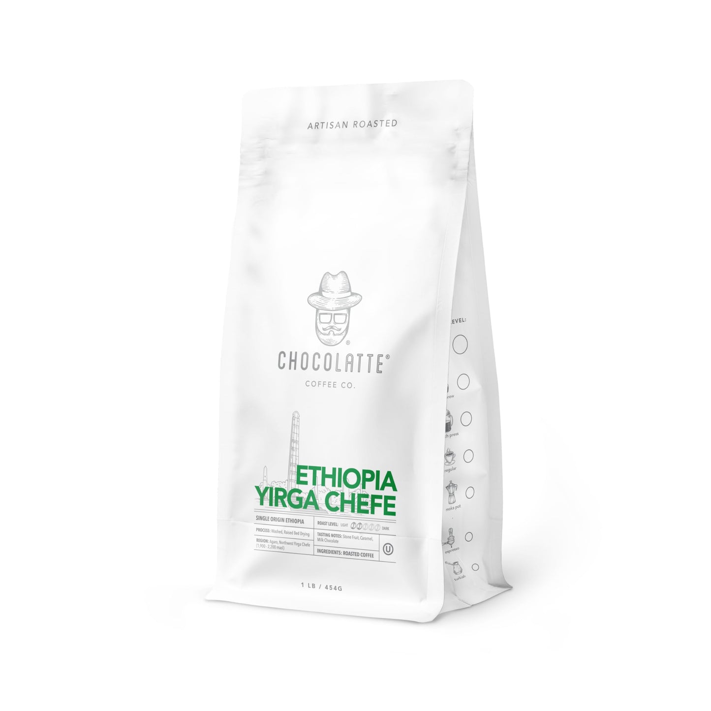 Chocolatte, Ethiopia Yirga Chefe Artisan Coffee - Medium Light Roast 2/5, Small Batch Agaro Washed Raised Bed, Stone Fruit Caramel Milk Chocolate