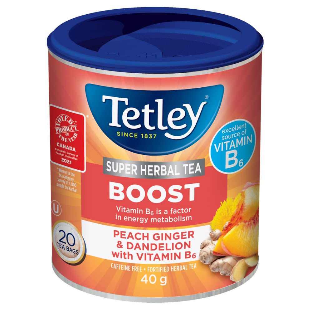 Tetley Super Herbal Tea Boost: Peach Ginger & Dandelion with Vitamin B6 - 20ct Imported from Canada