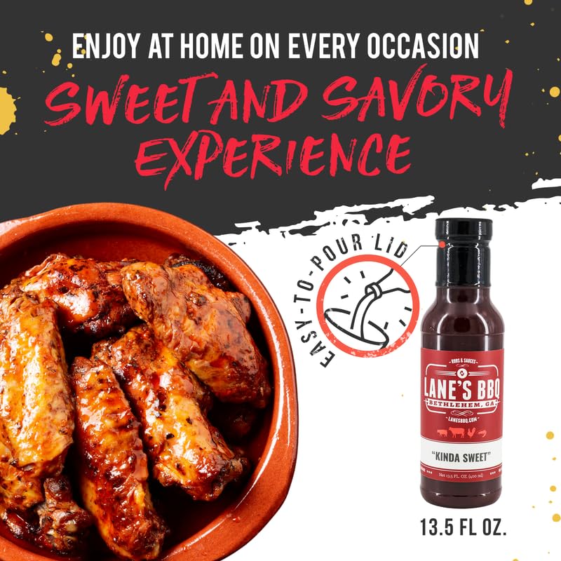 Lane's Kinda Sweet BBQ Sauce, All-Natural Chicken Marinade Barbecue Sauce, Perfect for Beef, Pork, Marinated Chicken Wing Sauce, Made in USA, 13.5 Oz