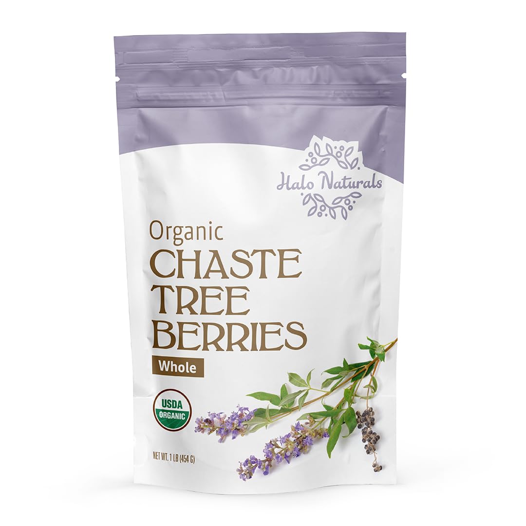 Halo Naturals Organic Chaste Tree Berries Whole Cut & Sifted, 1 Pound (Vitex agnus castus) USDA Certified | Resealable Pouch| Packaged in The USA