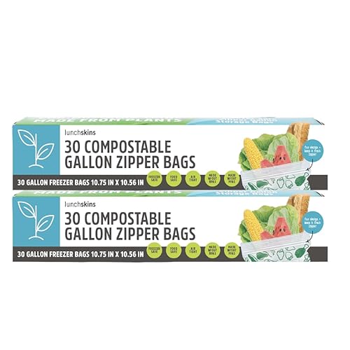 Lunchskins Ziptop Home Compostable & Resealable Freezer-Safe Food Storage Bags, Gallon Size, 60 Bags - Eco-Friendly, Made Without PFAS and BPAS