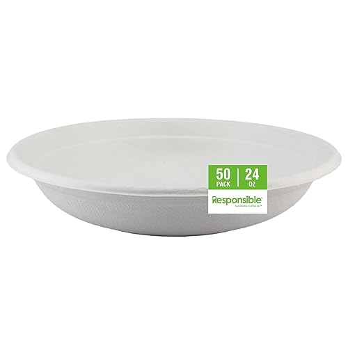 Responsible Products bowls are eco-friendly, Disposable Paper Bowls 24oz For Hot Soup (50 Count),Heavy Duty Paper Dinner Bowls, Dessert Bowls, Made