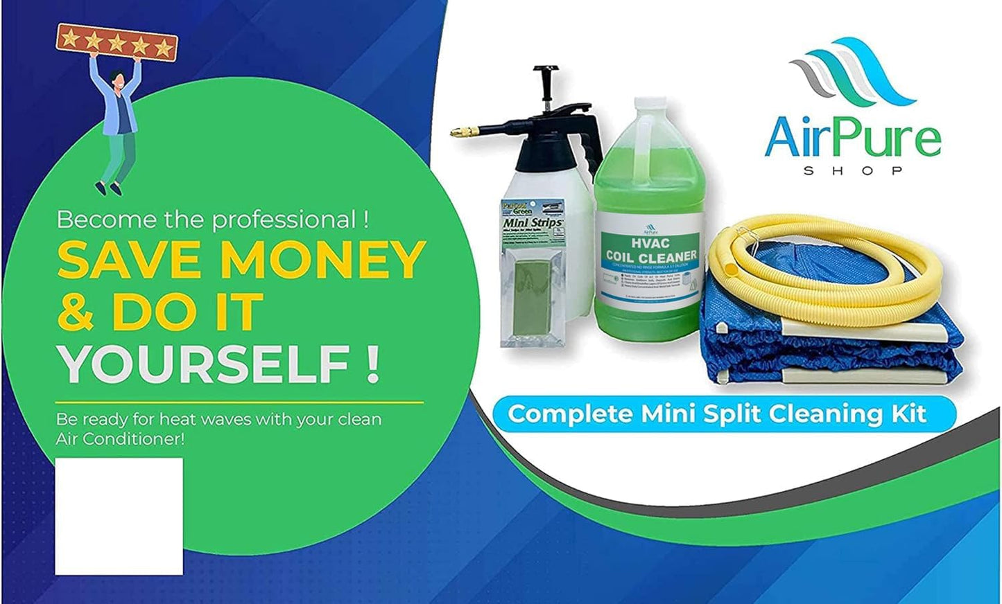 Mini Split Cleaning Kit with 3.78L No-Rinse Coil Cleaner, Sprayer, Odor Treatment Tab & Protective Bag - Removes Dirt & Grime for Heat Pump, AC, HVAC