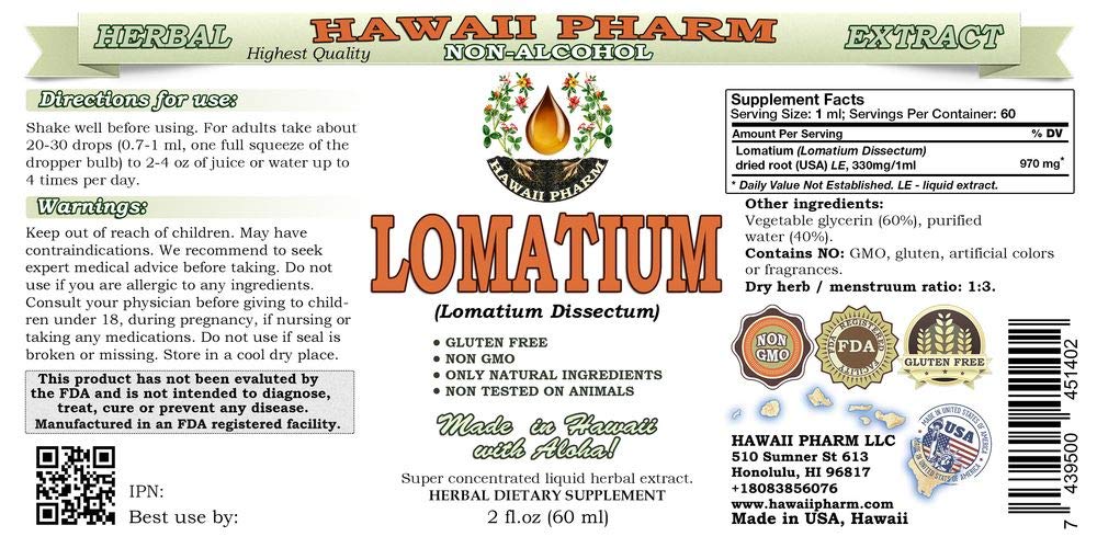 Lomatium Alcohol-Free Liquid Extract, Lomatium (Lomatium Dissectum) Dried Root Glycerite Hawaii Pharm Natural Herbal Supplement 2x2 oz