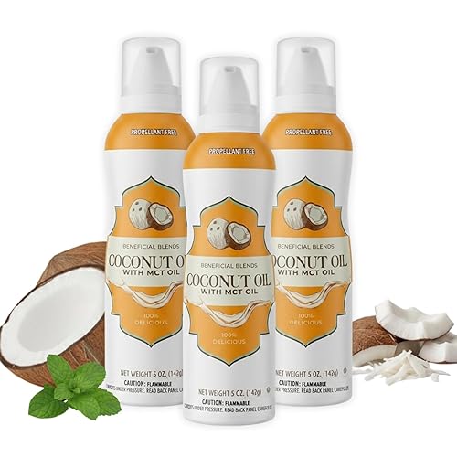 Coconut Oil Non-Stick Cooking Spray with MCT Oil, 3-Pack, No Propellants, Baking, Sautéing, Grilling & Seasoning, Quality Crafted in USA, Net Wt 5oz