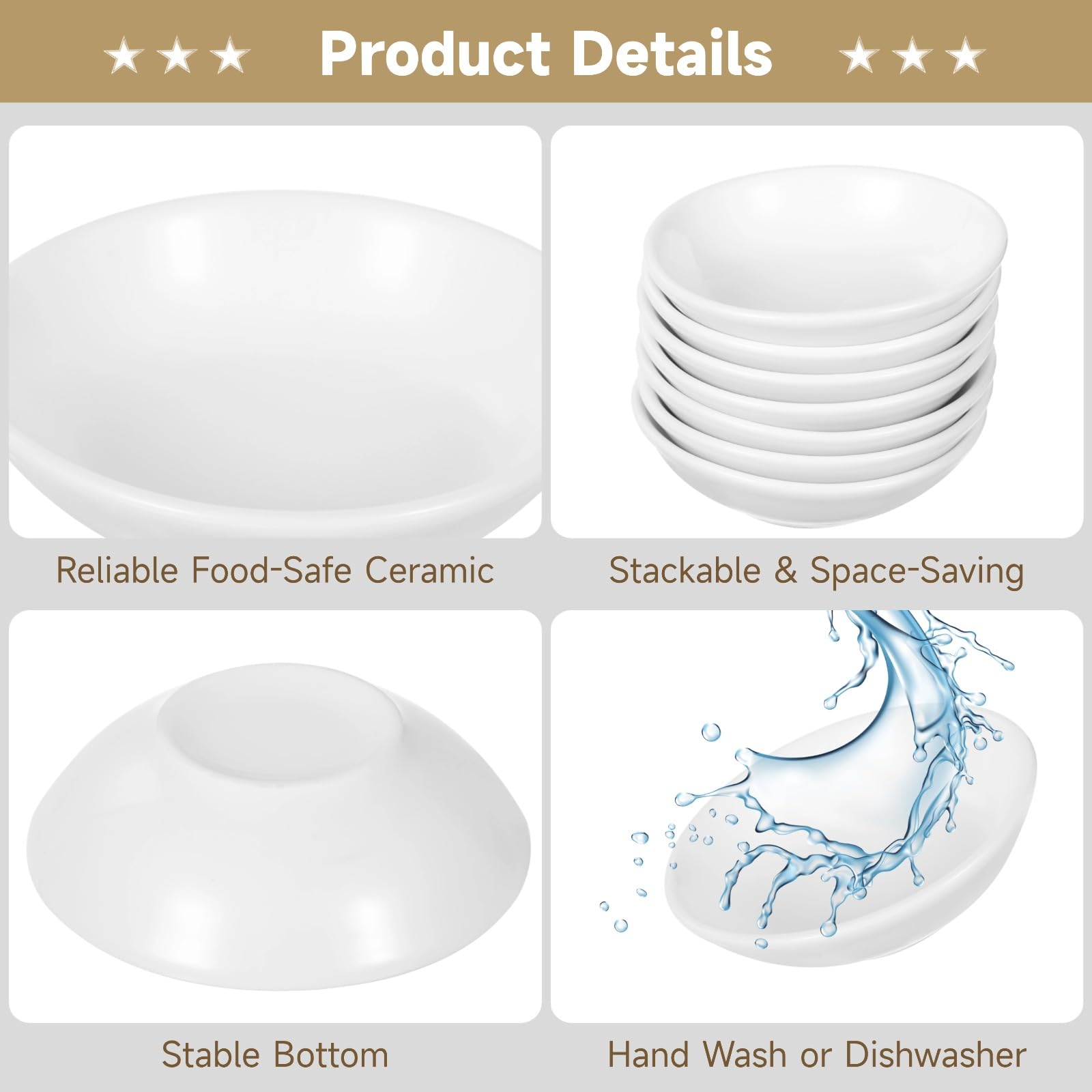 50 PCS Round Ceramic Sauce Bowls, 2.9 x 1 in Ceramic Dipping Sauce Cups, Small Seasoning Dish Sauces Container, Prep Appetizer Plate, Condiment Holder