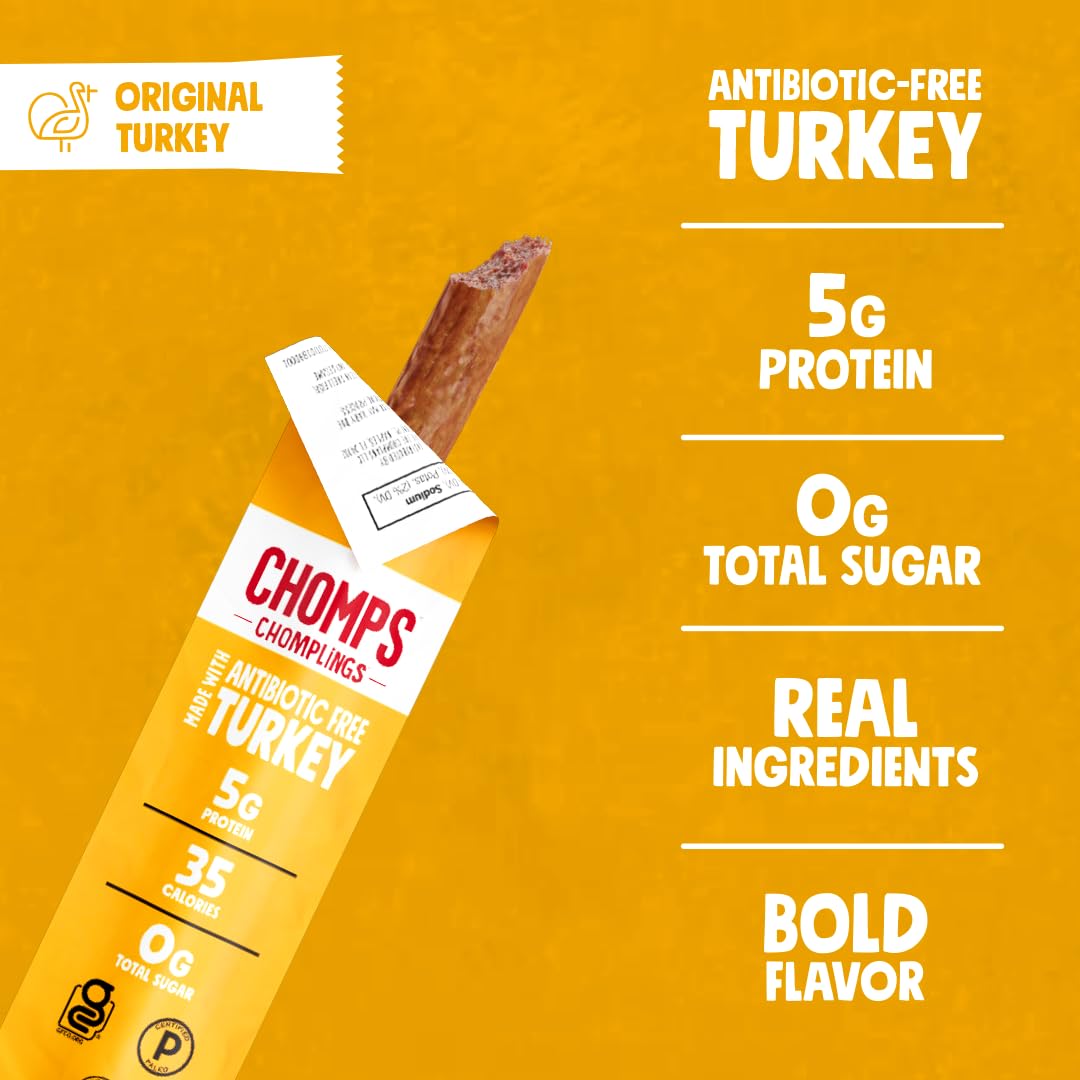CHOMPS MINI Free Range Turkey Jerky Meat Snack Sticks, Original Turkey, 0.5 Ounce (Pack of 6)