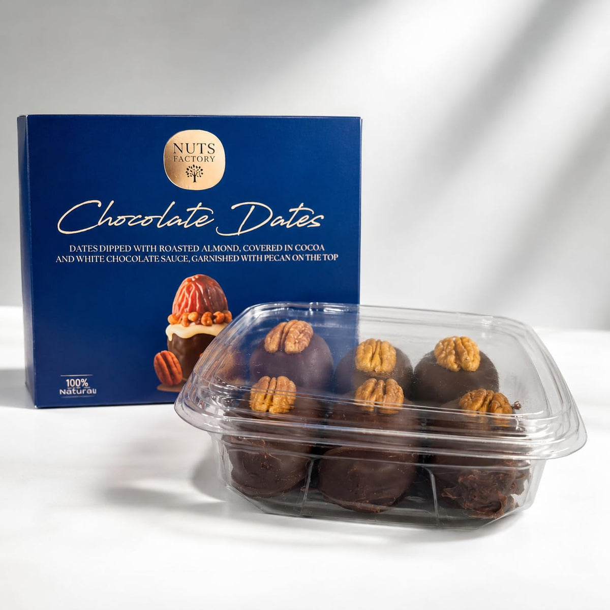 Nuts Factory Chocolate Dates - Dark Chocolate Covered Dates with Roasted Almonds, Candied Pecans & White Chocolate Sauce, Gourmet Stuffed Dates