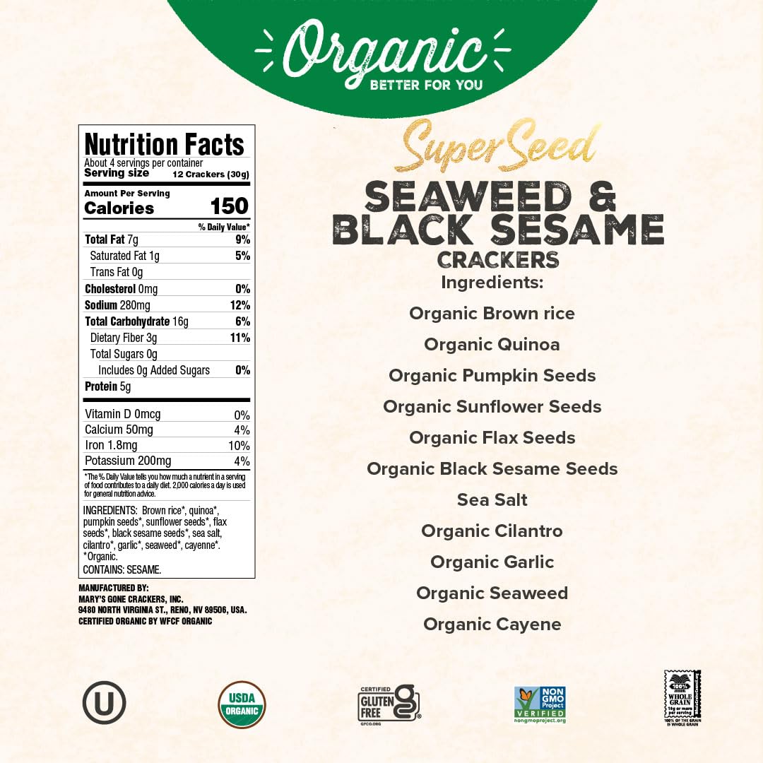 Mary's Gone Crackers Super Seed Crackers, Seaweed & Black Sesame, 4 Ounce (Pack of 1), Organic Plant Based Protein, Gluten Free