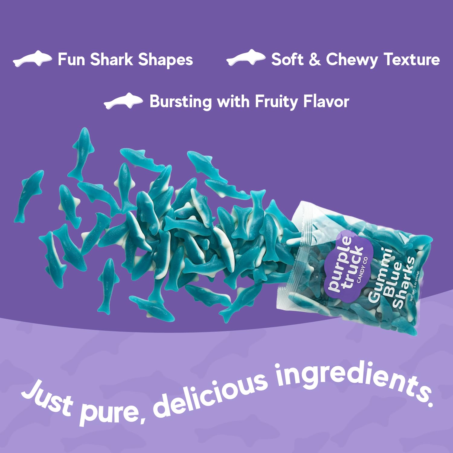 Purple Truck Candy Blue Gummy Sharks - Soft & Chewy Shark Shaped Gummies - Multi-Flavor Mashup of Blue Raspberry, Cherry & Lemon Lime - Perfect
