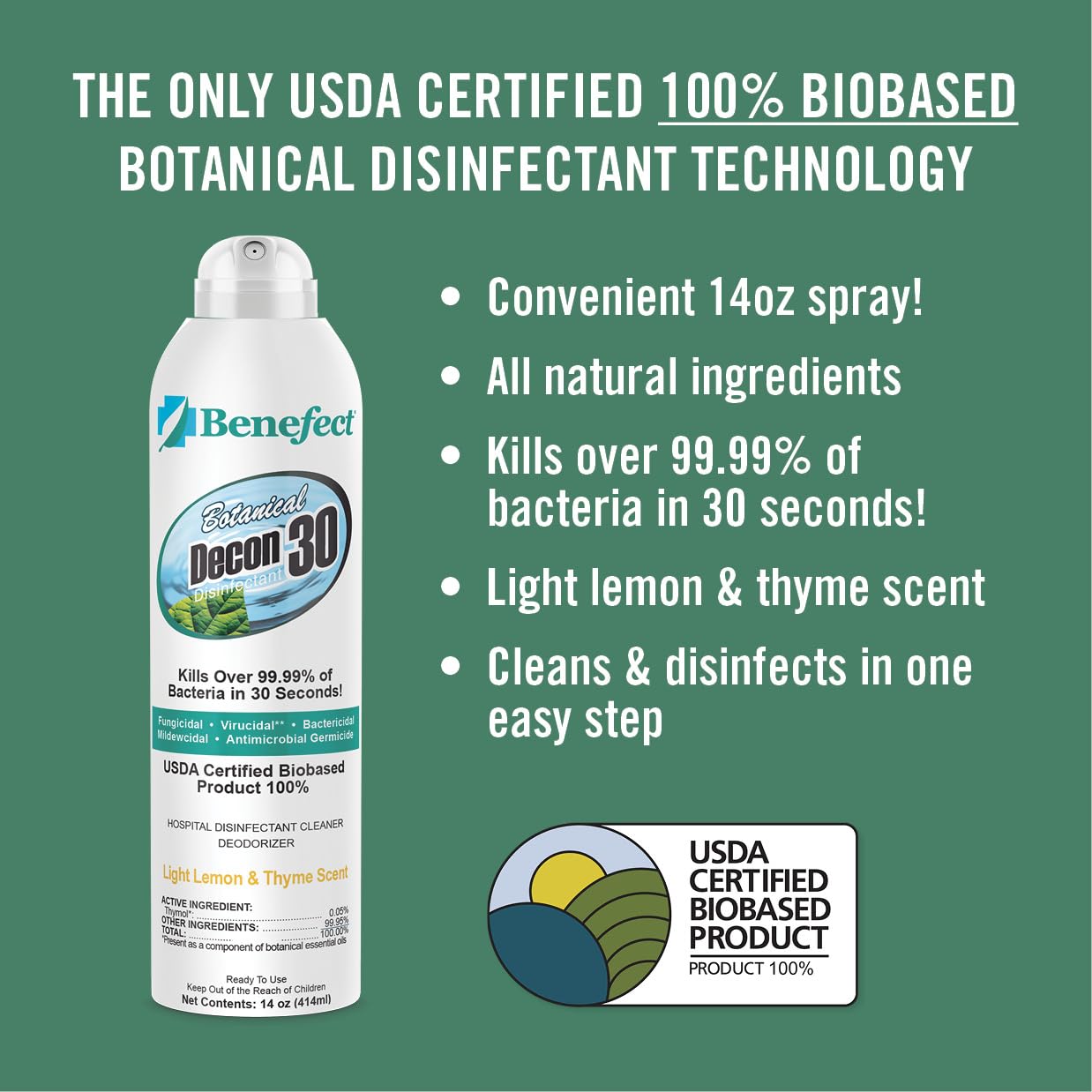 Benefect Botanical Decon 30 Disinfectant Cleaner, 14 oz. Ready-To-Use Spray, Hospital Grade Disinfectant, Kills Over 99.99% of Germs, Safe