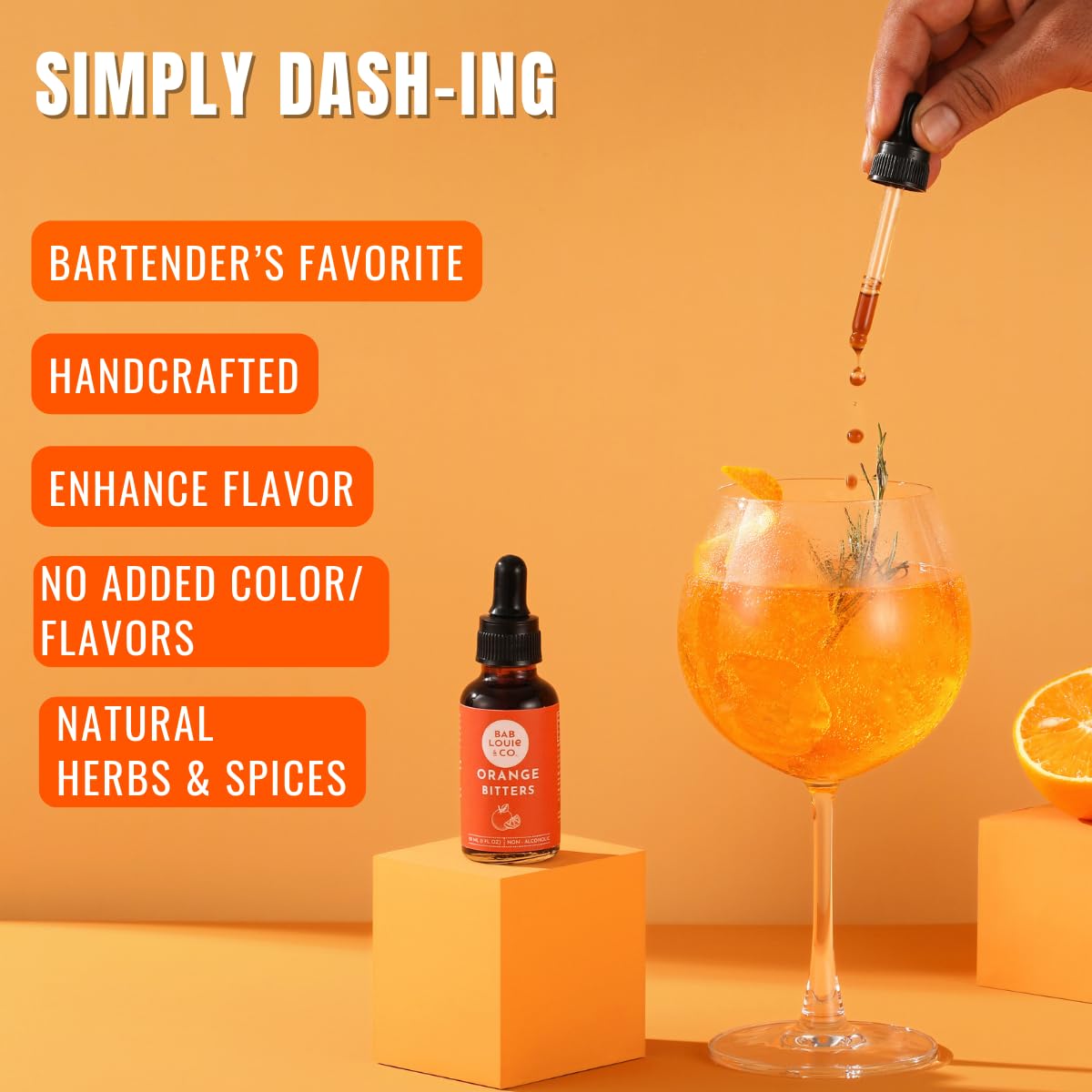 Bab Louie & Co. Orange Cocktail Bitters, Non Alcoholic Award winning Bitter (30ml/1Fl. Oz) 11 Servings, Zero-Sugar, Barrel Aged/Craft Bitters