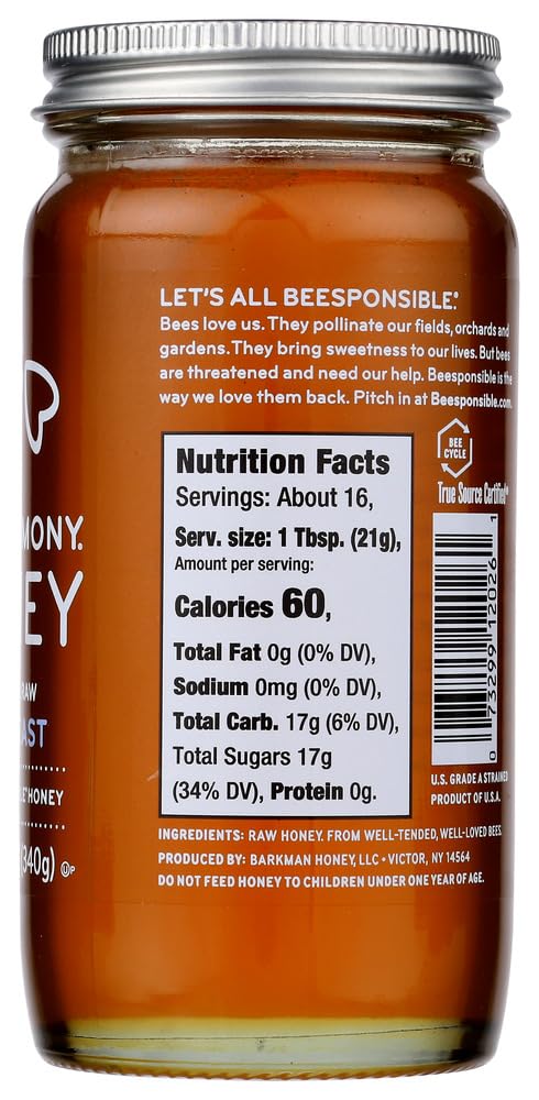BEE HARMONY, HONEY, RAW, REGIONL N EAST, Pack of 6, Size 12 OZ - No Artificial Ingredients Kosher