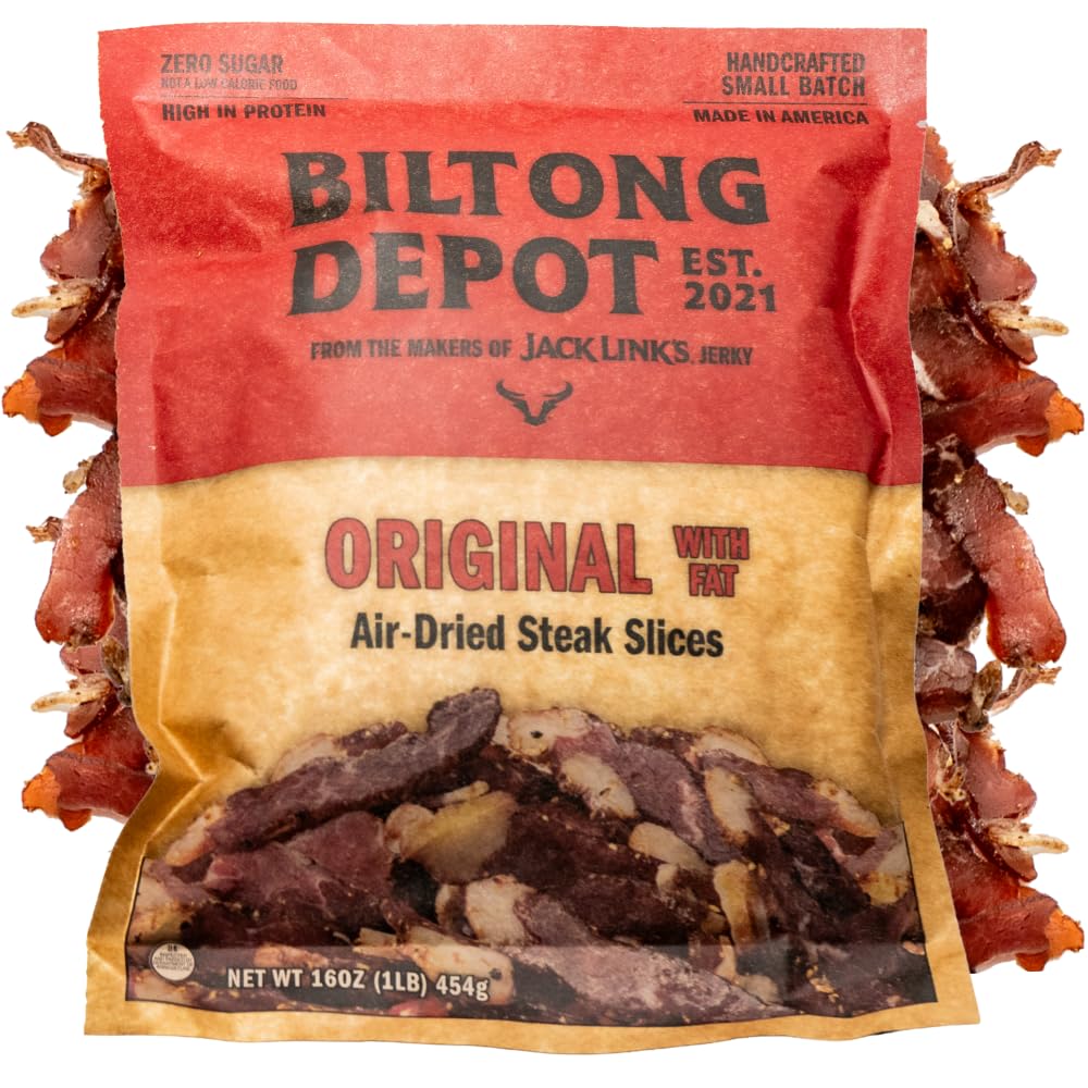 Biltong Depot Original Beef Biltong Slices with Fat - 1lb (16oz) | Air-Dried Beef Jerky Snack | High Protein | Zero Sugar | Keto & Paleo Friendly |