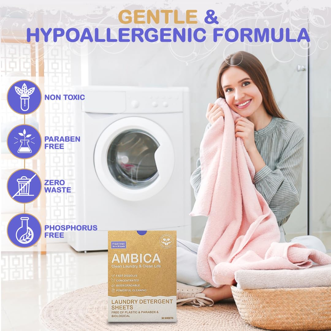 Ambica Travel Laundry Detergent Sheets, Plant-Based Laundry Soap for Fresh Clothes, Hypoallergenic & Free from Harsh Chemicals, Perfect for Sink or