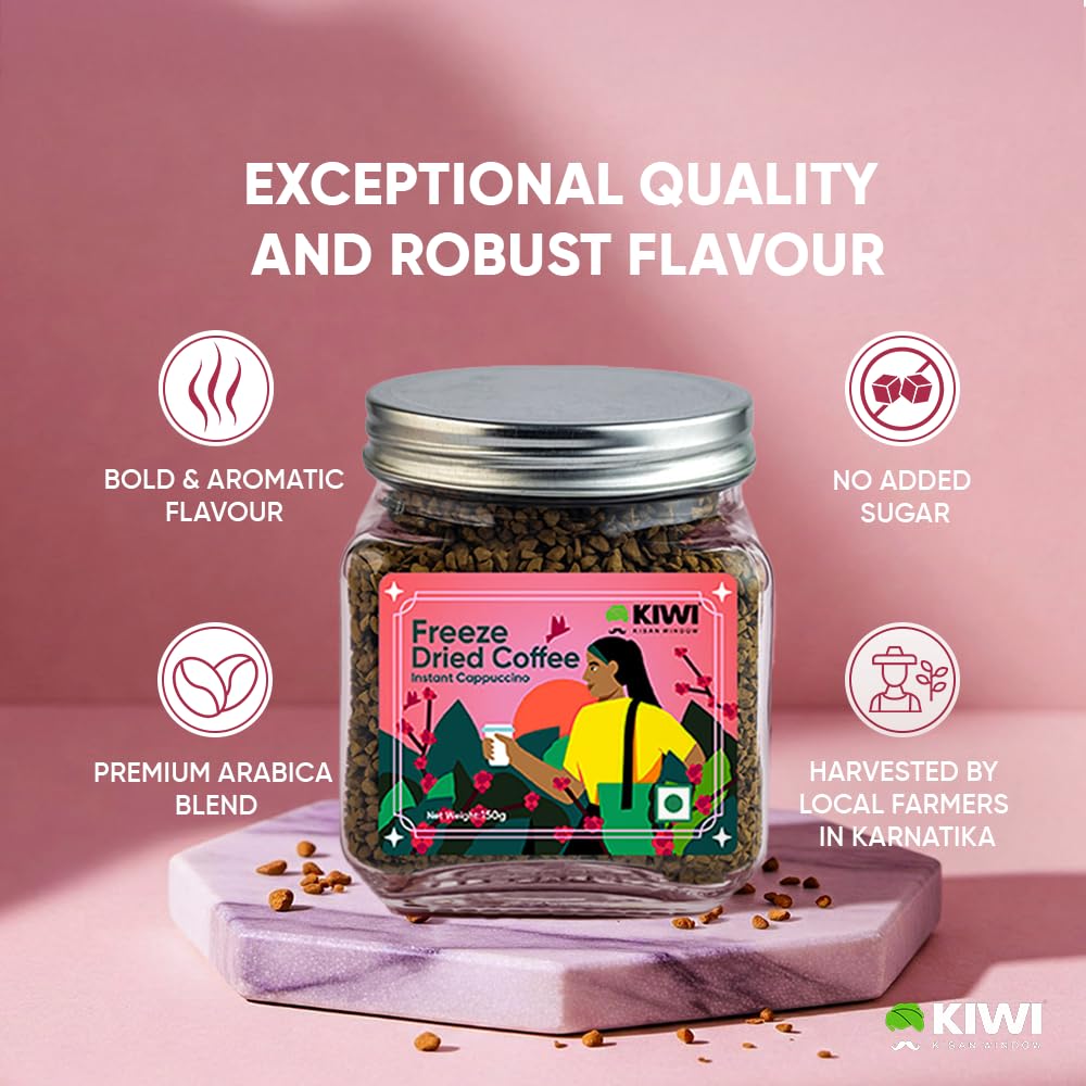 Kiwi Kisan Window Freeze Dried Instant Coffee, 150gm (80+ Cups) | 100% Arabica Beans | Bold & Rich Taste | No Chicory - No Preservatives | Perfect