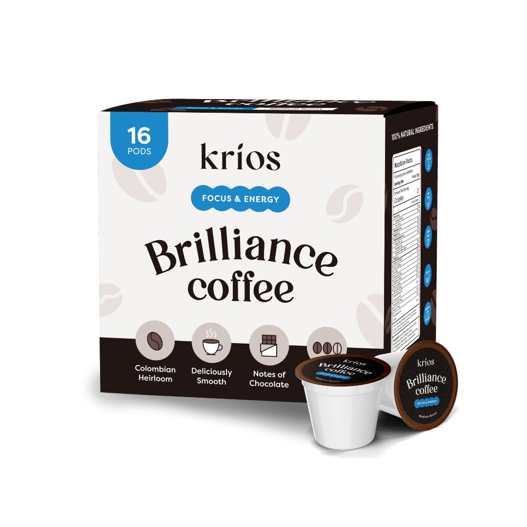 Krios Coffee Brilliance Coffee Pods, Enhance Energy & Focus with Essential Vitamins, L-Theanine, Bacopa Monnieri & Rhodiola Rosea, Medium Roast