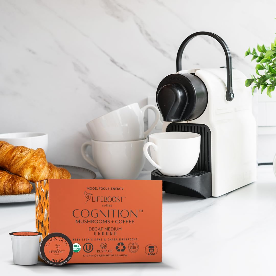 Lifeboost Cognition Decaf Mushroom Coffee Pods - Organic Low Acid Decaf K-Cups with Lion’s Mane & Chaga Adaptogens - Nootropic Coffee for Focus