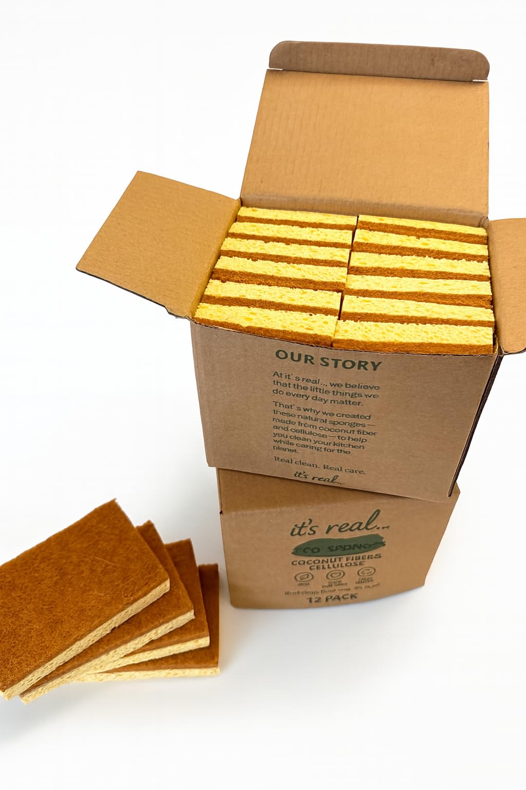 Eco Sponges - Coconut & Cellulose Kitchen Sponges, Biodegradable, Compostable, Plastic-Free Cleaning Scrubbers (12 Pack)