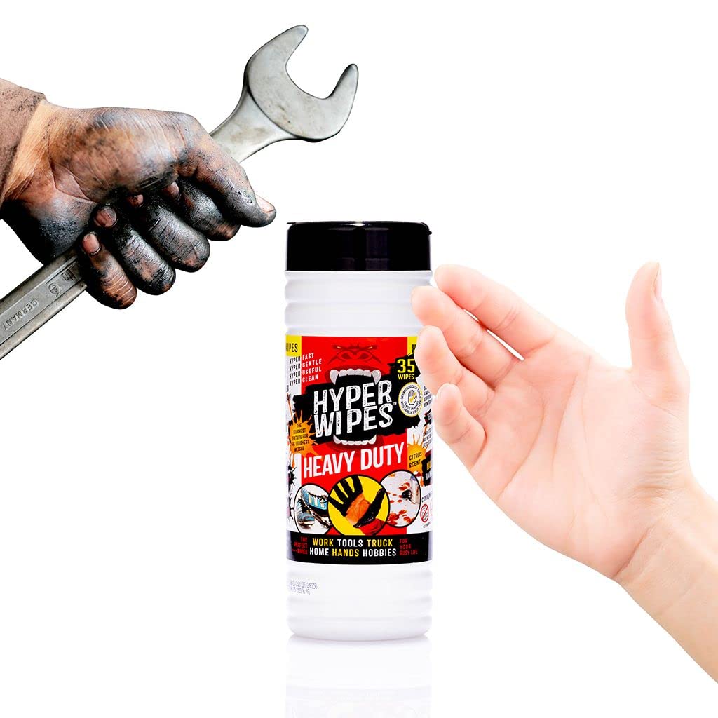 Hyper Wipes, 4 Pack Heavy Duty Hand & Tool Cleaning Wipes, 7"x12" Size Multi-Surface Cleaning Wipes, Degreasing, All Purpose Cleaner, Bathroom