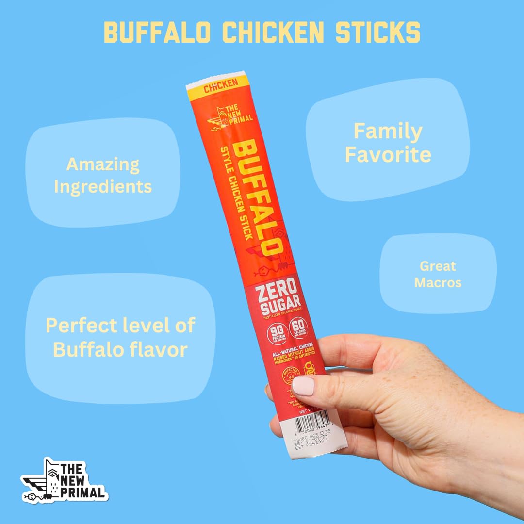 The New Primal All Natural Chicken Stick, Buffalo Style - Keto & Gluten Free Healthy Snacks for Adults, Sugar Free Low Carb, Paleo Meat Stick - 9g