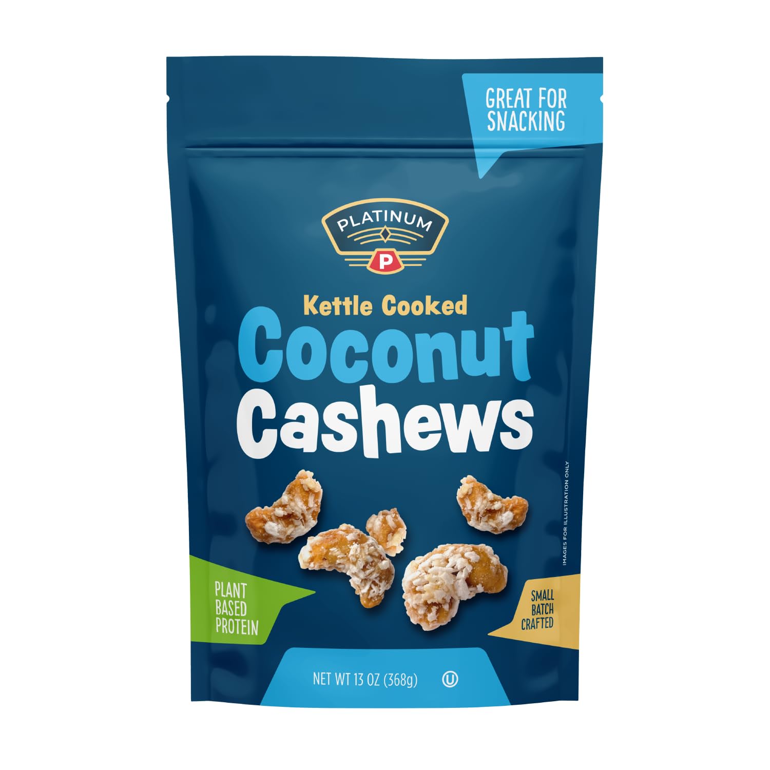 Platinum Kettle Cooked Coconut Cashews - Plant Based Protein, Fiber, Healthy Snack - Wholesome Nutritional Boost - Can Bring at Home, Work, Office