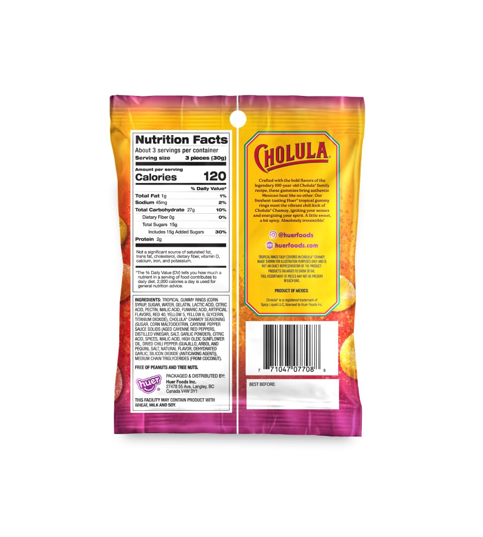 Huer - Cholula Chamoy Tropical Gummy Rings 3 Pack - Sweet & Spicy Mango, Watermelon & Pineapple Candy with Cholula Twist - 3.5oz Bags (Pack of 3)