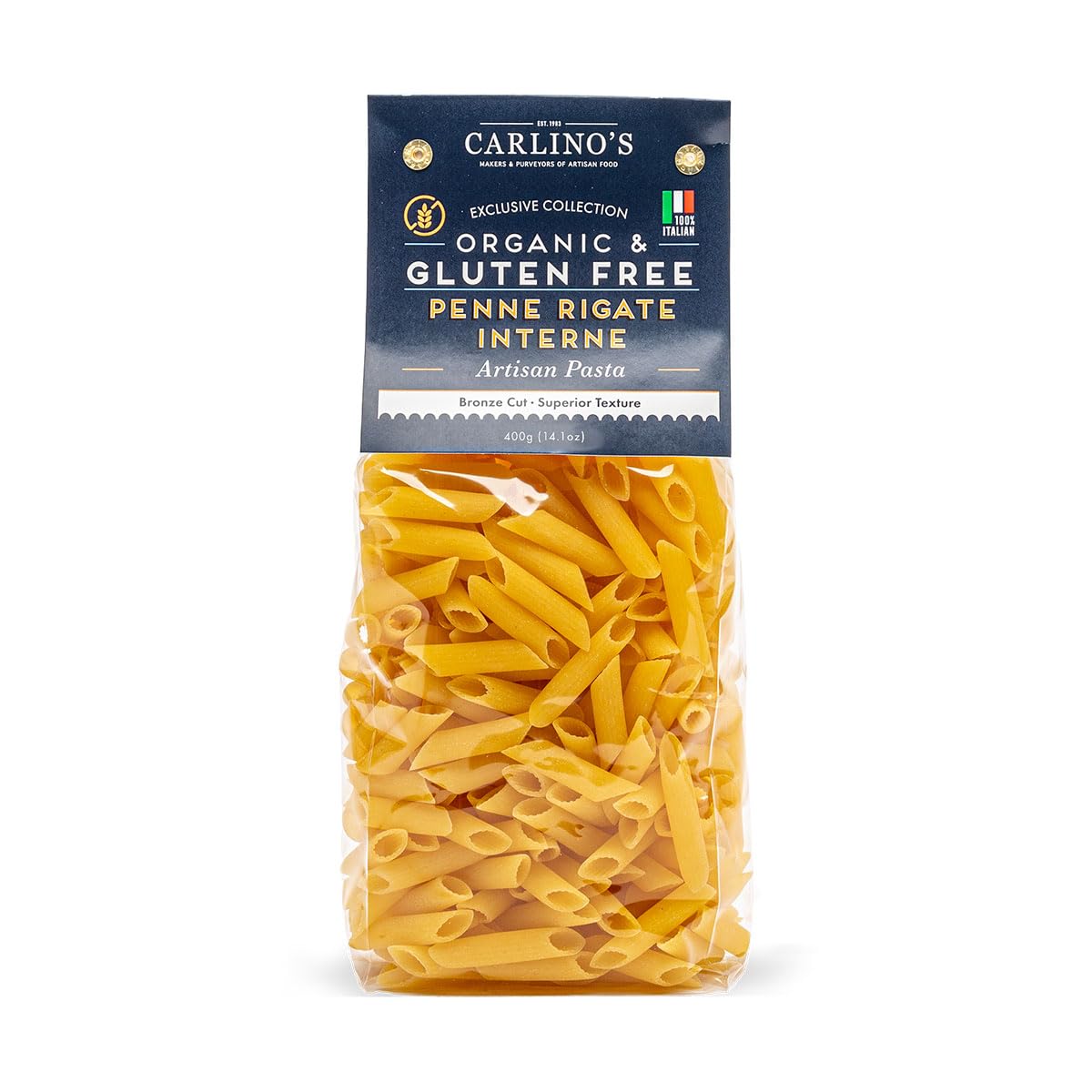 Carlino's Gluten-Free Penne Rigate Interne| Organic Corn and Rice Flour | Bronze Die Cut | Air Dried | Sugar-Free | Superior Texture, USDA Organic
