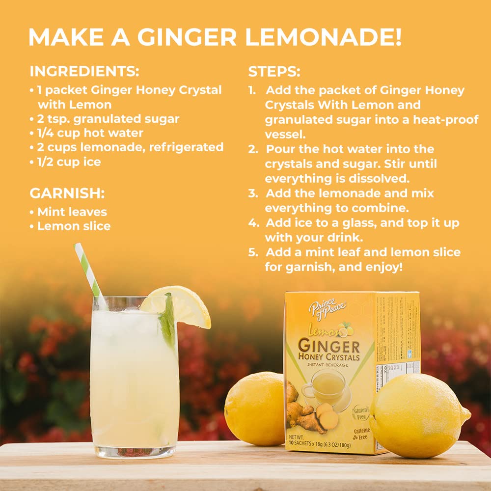Prince of Peace Instant Lemon Ginger Honey Crystals, 30 Sachets - Instant Hot or Cold Beverage - Easy to Brew Ginger and Honey Crystals