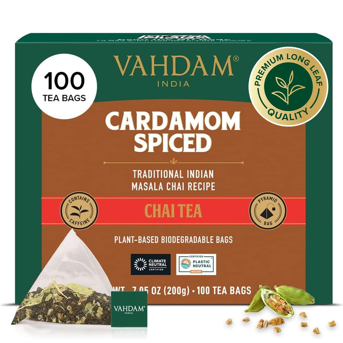 VAHDAM, Cardamom Masala Chai Tea Bags (100 Count) Non GMO, Gluten Free, No Artificial Flavor | Blended w/Exotic Spices | Chai Tea | Resealable Ziplock