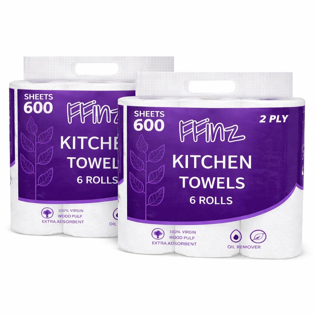 FFinz Kitchen Towels Paper - Extra Absorbent, 100% Virgin Wood Pulp, Oil Remover. 12 Roll, 1200 Sheets