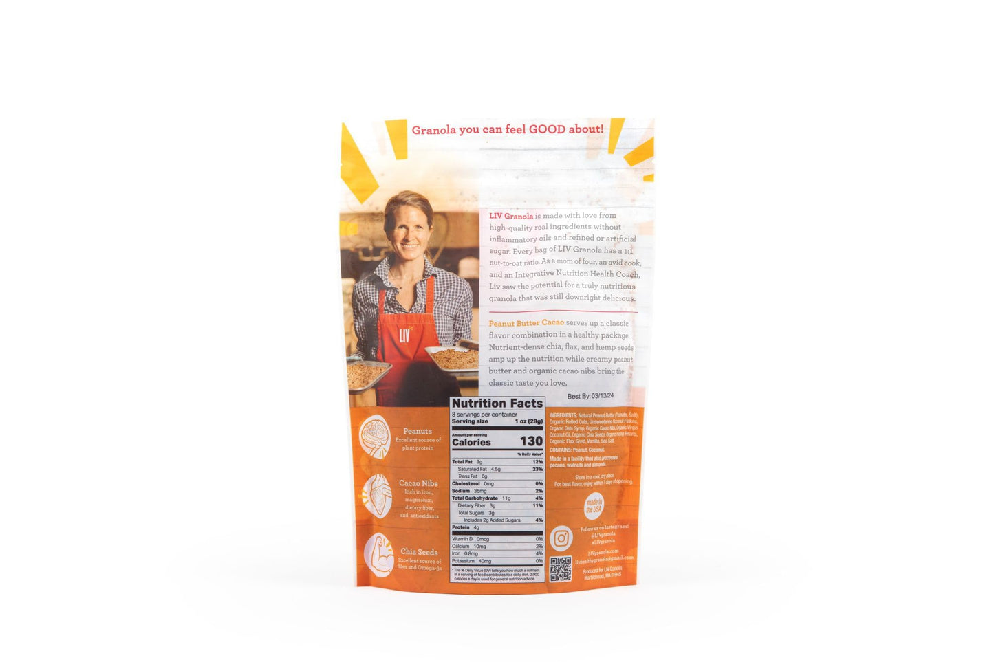 Liv Gourmet Peanut Butter Cacao Granola - 8oz (Pack of 2) | Healthy, Nutrient-Dense Snack, Breakfast Cereal | 1:1 Nut-to-Oat Ratio | Non-GMO, Low