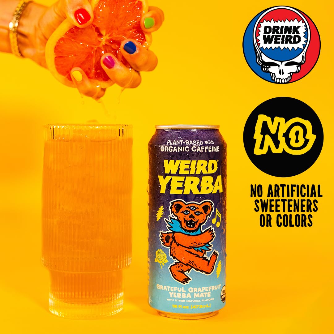 Drink Weird Organic Grateful Grapefruit Yerba Mate - 16oz Cans, 160mg Organic Caffeine, Pack of 12 - Grateful Dead Collab, Healthy Energy Drink