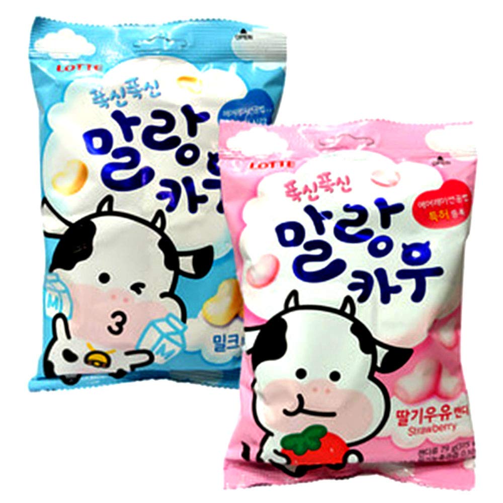 Korean Lotte Soft Malang Cow Fresh Grade Milk & Strawberry Milk Chewy Candy (Pack of 2) (2.78oz)