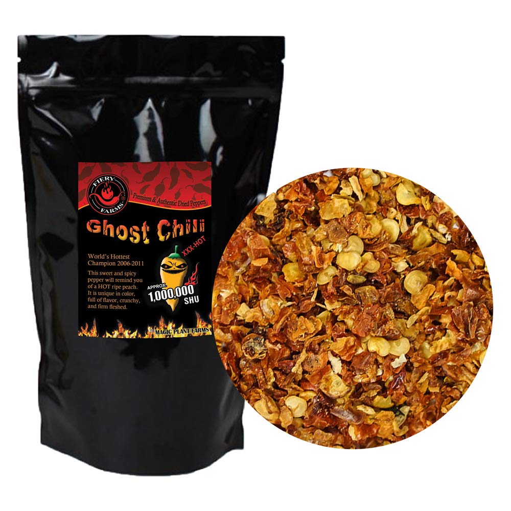 Natural Bhut Jolokia Orange Flakes | Dried and Crushed Orange Ghost Pepper Flakes by Fiery Farms (8oz)