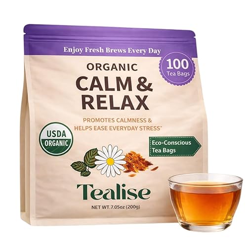 Organic Calm & Relax Herbal Tea Bags - Chamomile Tea Bags, Rooibos & Raspberry Leaf - 100 Plant-Based Tea Bags - Caffeine Free Sleep & Relaxation