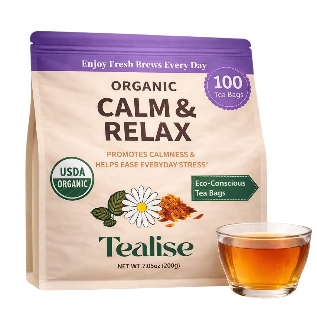 Organic Calm & Relax Herbal Tea Bags - Chamomile Tea Bags, Rooibos & Raspberry Leaf - 100 Plant-Based Tea Bags - Caffeine Free Sleep & Relaxation