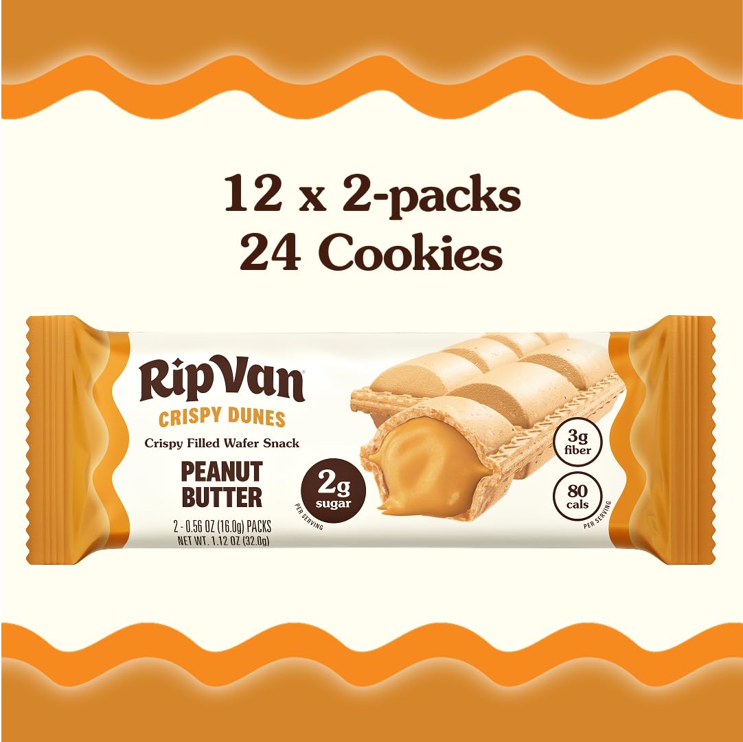 Crispy Dunes Peanut Butter Wafer Sticks - Low-Calorie Snack with Peanut Butter Cream Filling, 80 Calories, Non-GMO, Prebiotic Fiber - 12 Pack