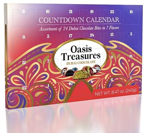 Gourmet Dubai Chocolate Advent Calendar by Oasis Treasures - 24-Day Countdown, 7 Assorted Gourmet Chocolate Flavors, Holiday Gift, 240g