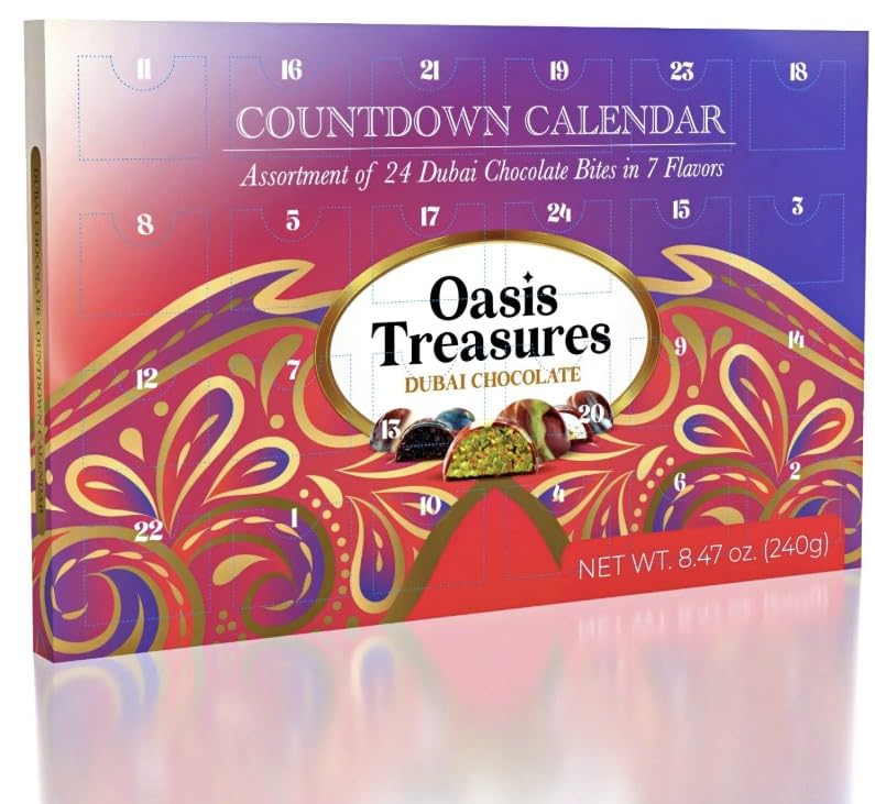 Gourmet Dubai Chocolate Advent Calendar by Oasis Treasures - 24-Day Countdown, 7 Assorted Gourmet Chocolate Flavors, Holiday Gift, 240g
