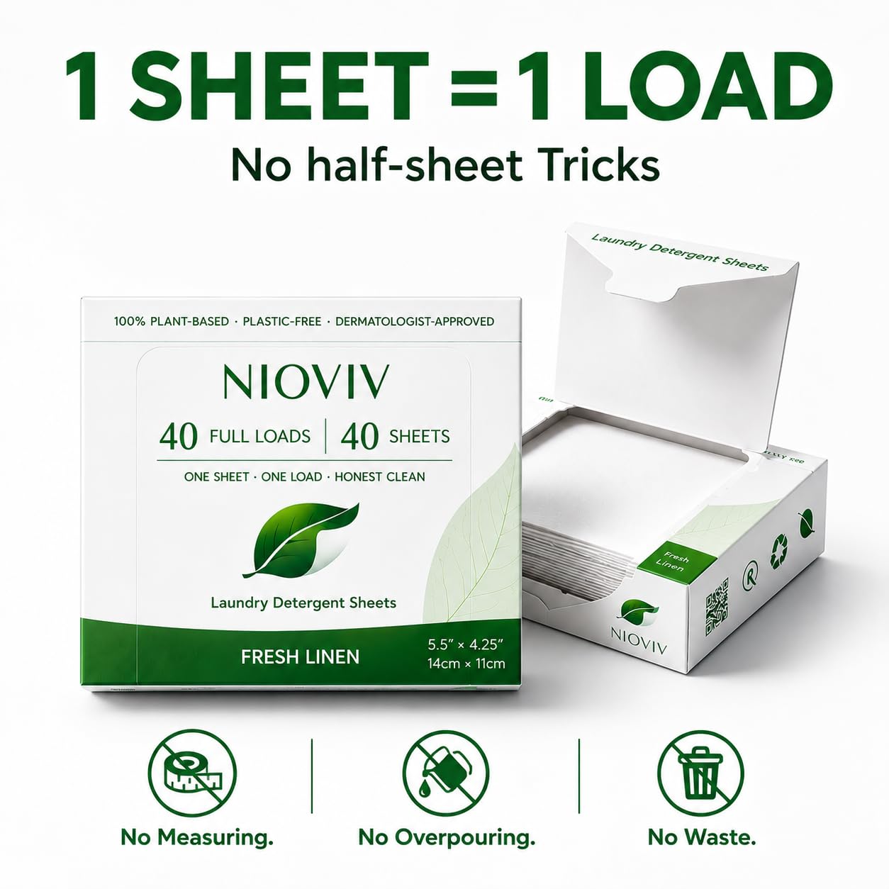 Nioviv Laundry Detergent Sheets - 40 Full Loads - Travel Laundry Sheets, No Mess No Measuring - Plant-Based, Plastic-Free - Hypoallergenic Fresh Linen